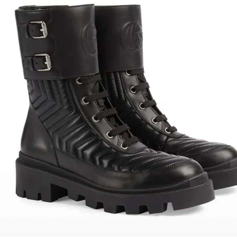 Gucci Nappa  Frances GG Matelasse Platform Combat Boots 36 Black